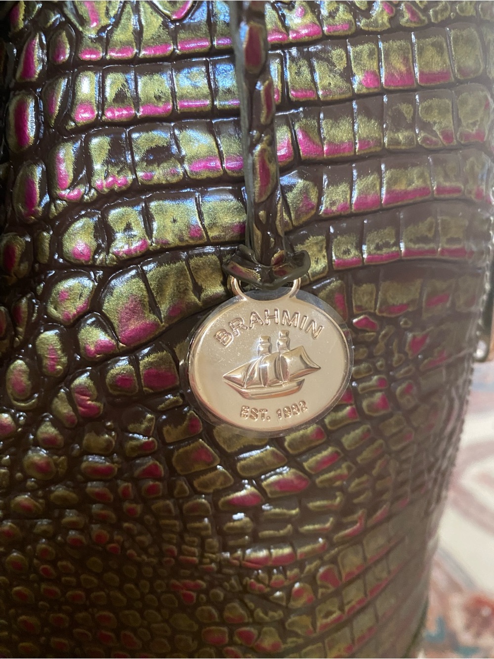 Metallic Gold and Pink Croc-Embossed Dome Satchel - Picture 4 of 6